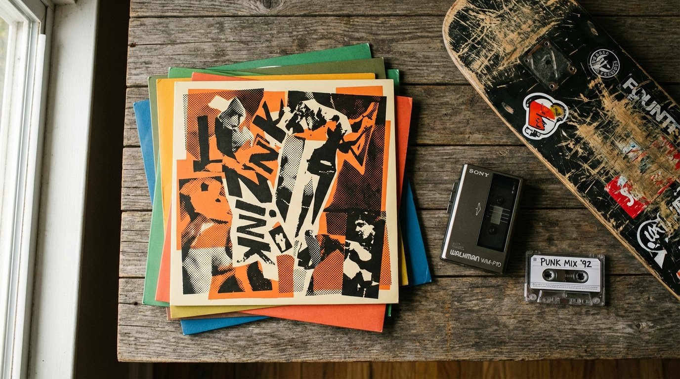 Stack of vinyl records and a vintage Walkman on a wooden table