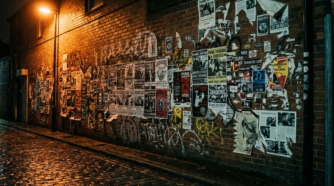 Brick alley wall covered in punk show flyers and graffiti at night