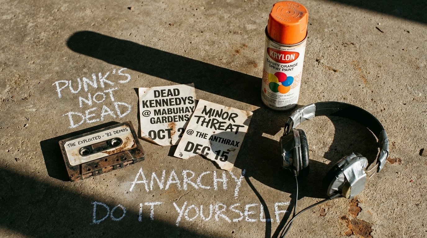 Punk show flyers, cassette, headphones and spray can on concrete