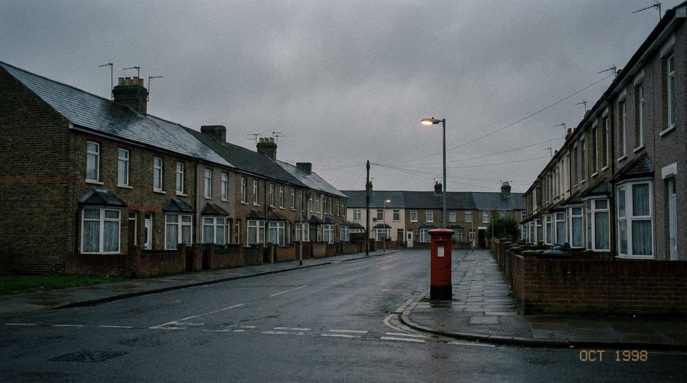 A quiet British suburban street at dusk