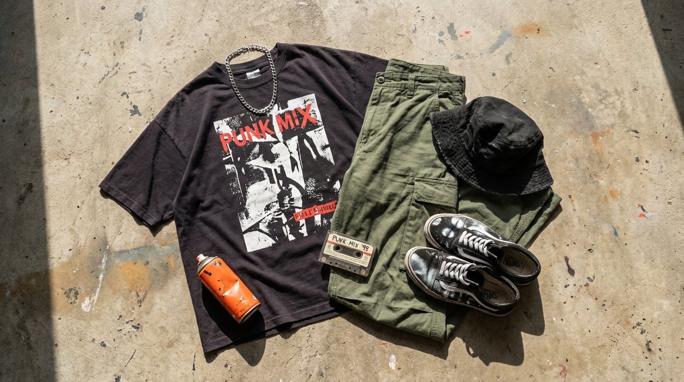 Flat-lay of streetwear: bucket hat, oversized tee, Vans, silver chain